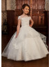 Beaded Ivory Lace Tulle Keyhole Back Flower Girl Dress With Horsehair Hem